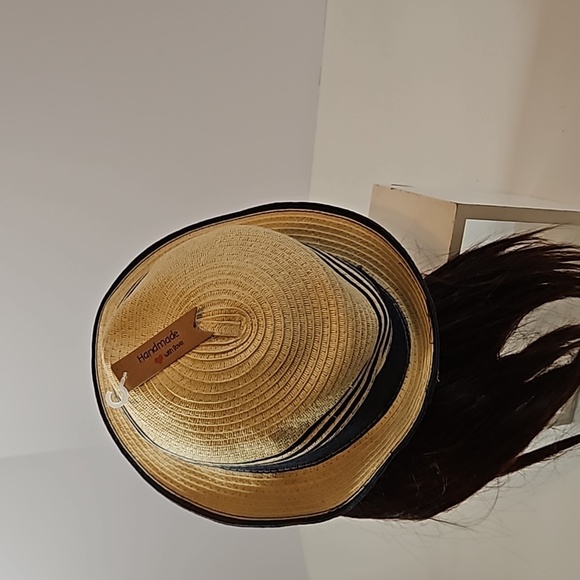 Summer Fedora Hat 100% paper straw Unisex black detail British Style Handmade - Picture 11 of 17